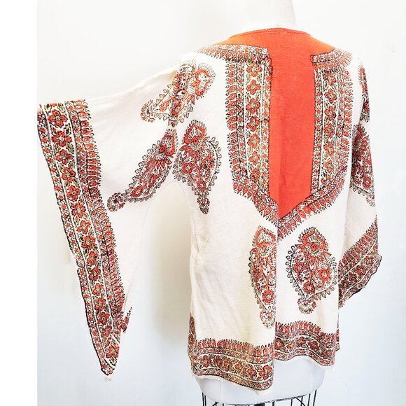 Vintage Dashiki 1970s Orange Natural Cotton Bell Sleeves Top Tunic Shirt Blouse - Picture 8 of 10